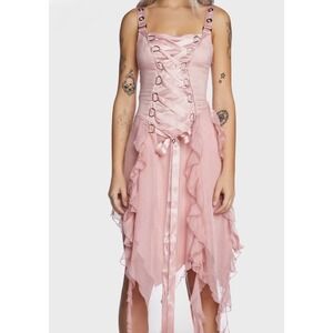Current Mood Dolls Kill Life's No Fairytale Pink Corset Ruffle Midi Dress L NWT